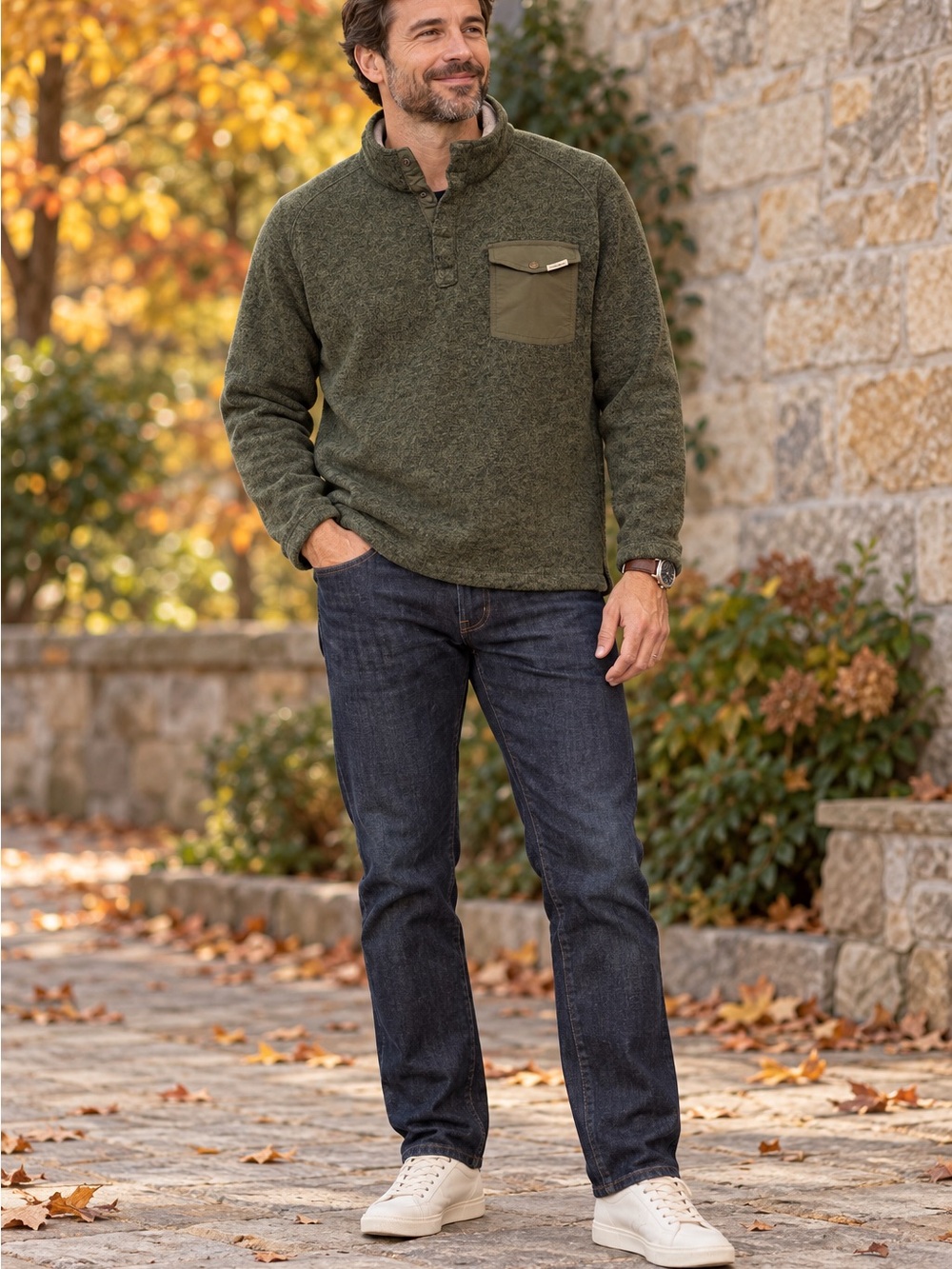 Woolrich Olive Green Zip-Neck Pullover with Chest Pocket